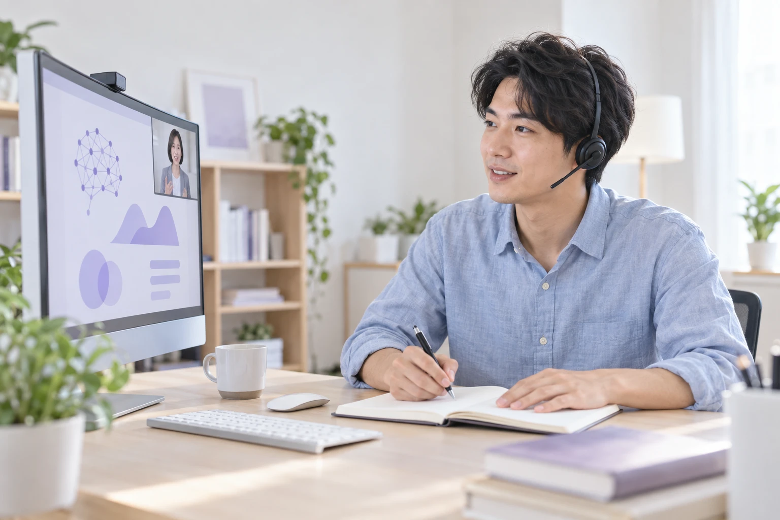 ヘッドセットでオンライン勉強会に参加し、ノートを取る人のイメージ