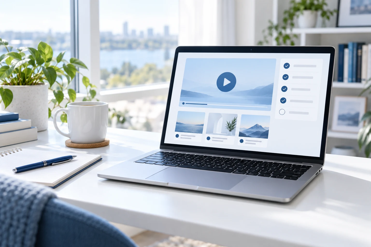 明るいデスクのノートPCに表示したオンライン学習画面のイメージ