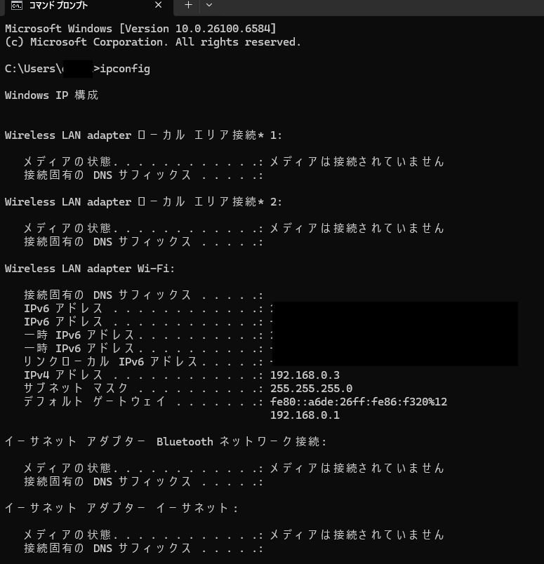ipconfigの実行結果
