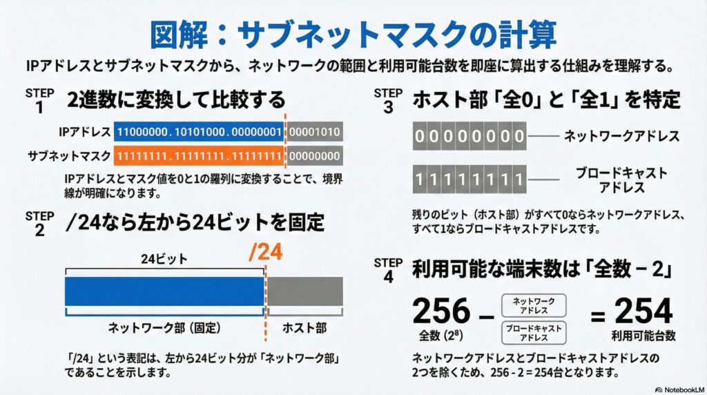 サブネットマスクの計算方法と具体例の画像
