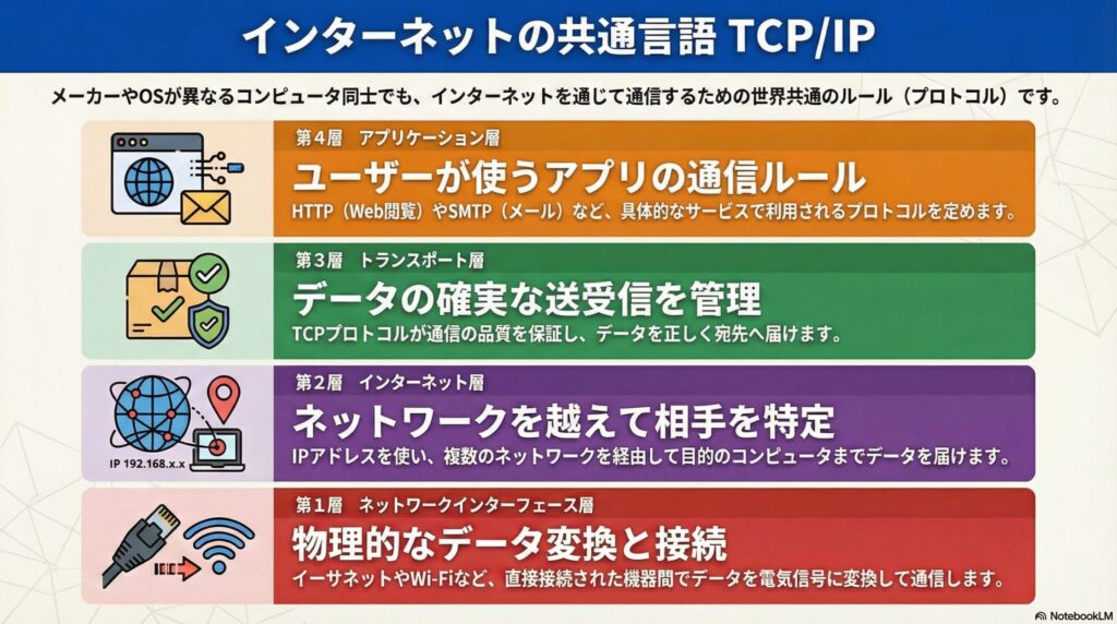 TCP/IPの4階層モデルとそれぞれの役割