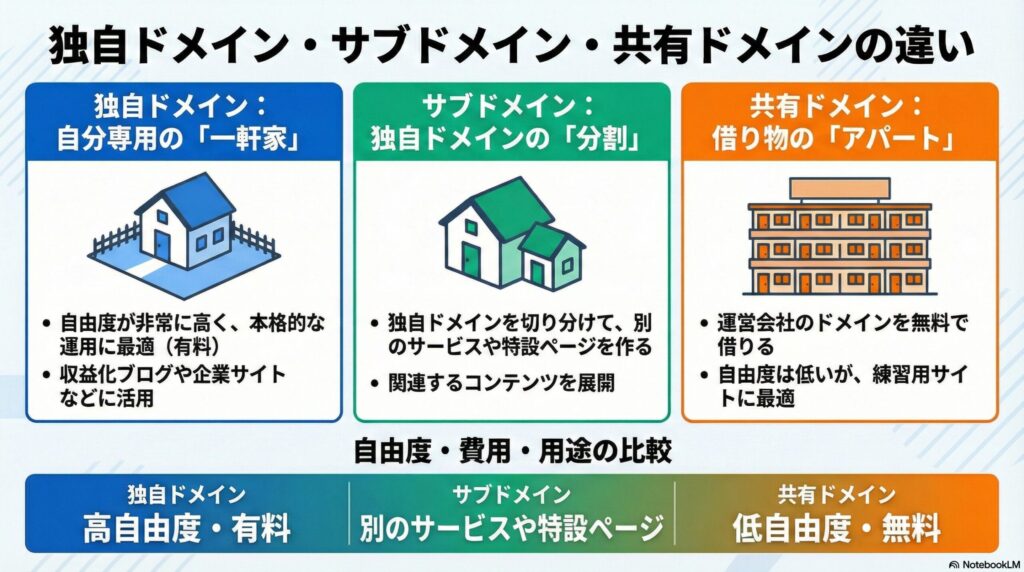 独自ドメイン・サブドメイン・共有ドメインの違いの画像