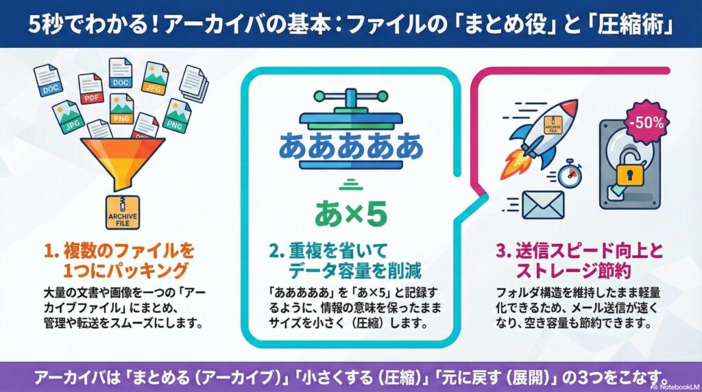 アーカイバとは複数のファイルを一つにまとめ、圧縮・解凍を行うツールの画像