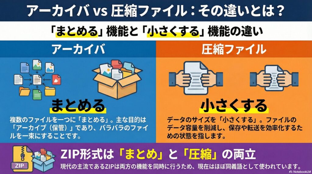 アーカイバと圧縮ファイルの違いの画像