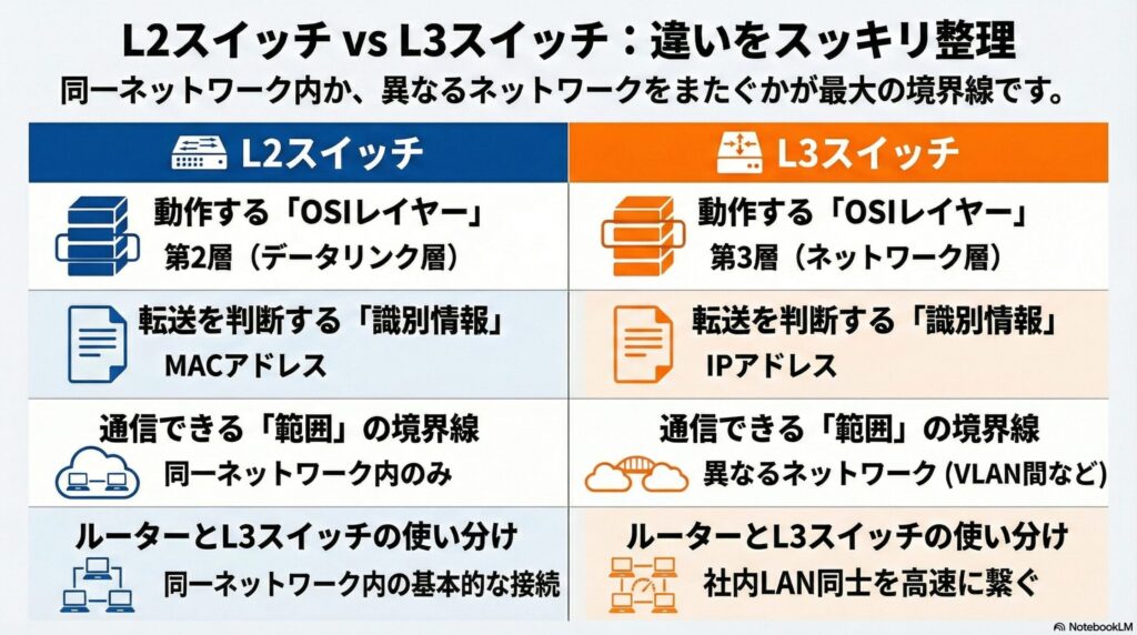 L2スイッチとL3スイッチの違いの画像