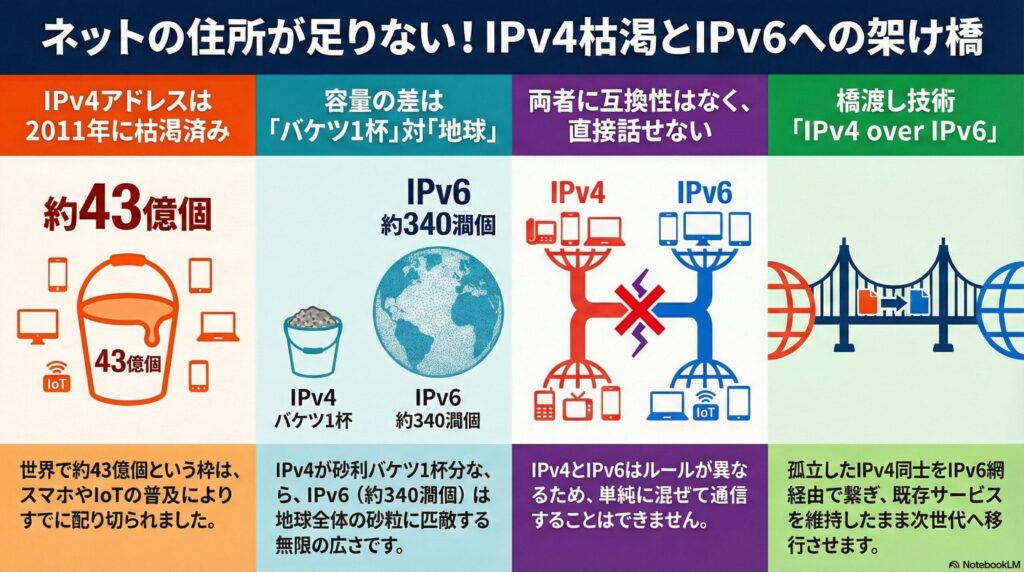 IPアドレスの枯渇を防ぐ次世代規格「IPv4」から「IPv6」への移行の画像