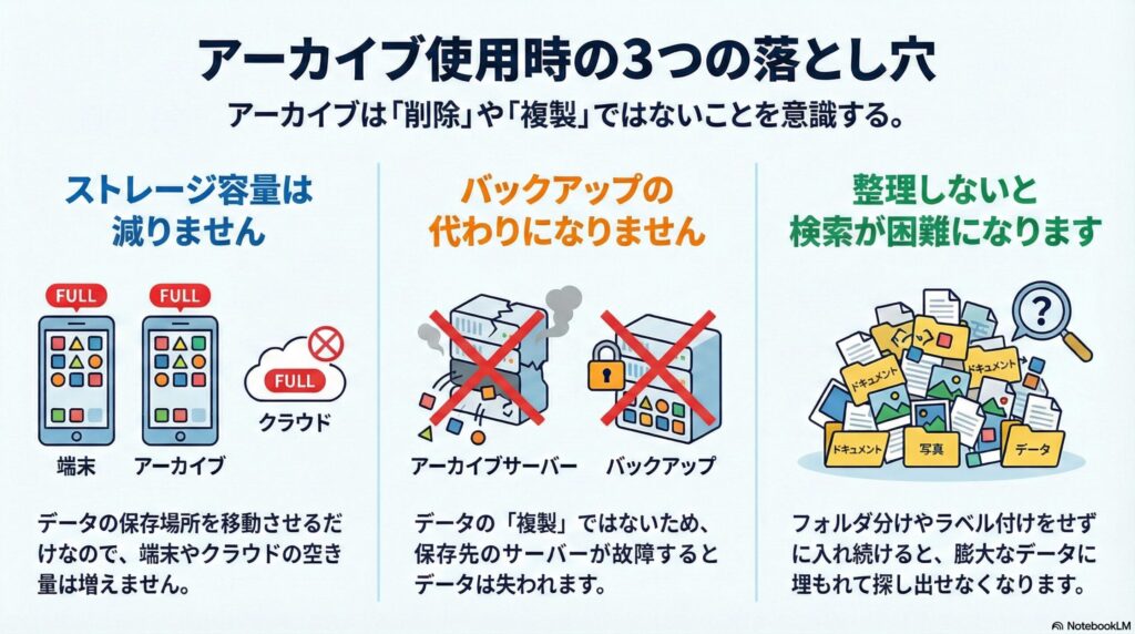 アーカイブ使用時の注意点の画像