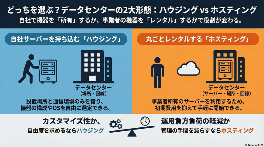 データセンターのは「ハウジング」と「ホスティング」の2種類の画像