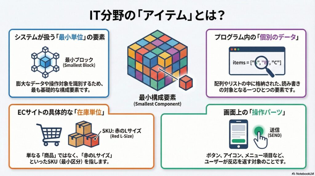 IT分野におけるアイテムとは個別のデータや操作対象となる要素のことの画像