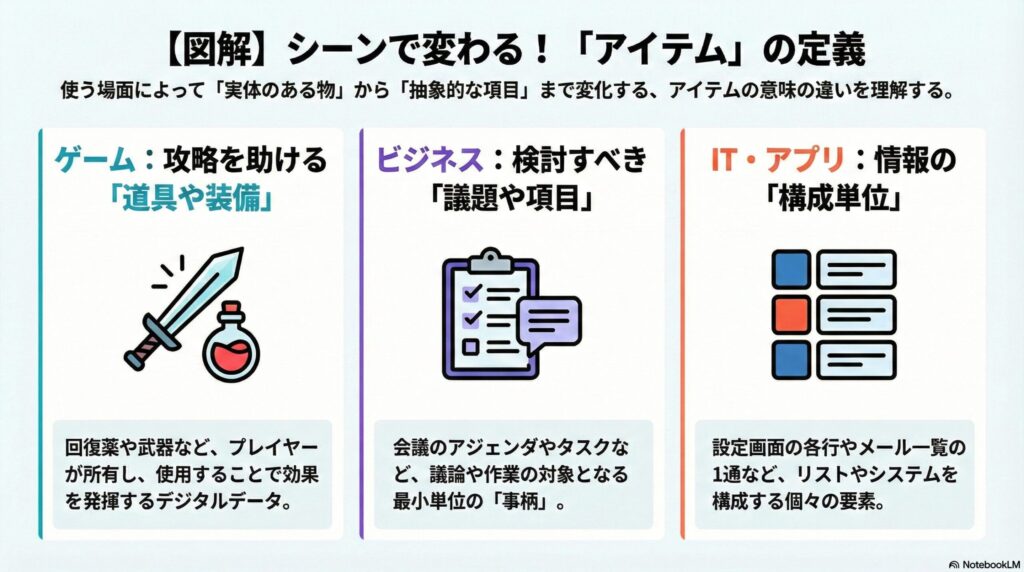 【シーン別】アイテムという言葉の定義と具体的な使い方の違いの画像