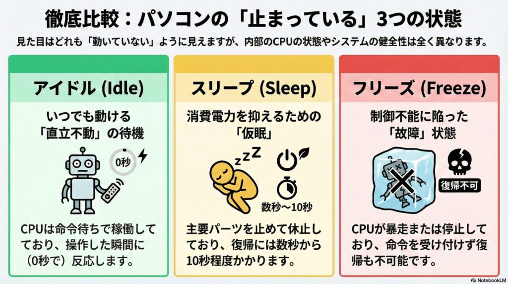 アイドル状態と「スリープ」や「フリーズ」との違いの画像