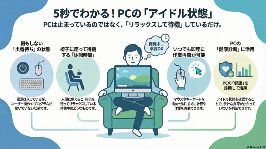 アイドル状態とはコンピュータが命令を待っている待機状態の画像