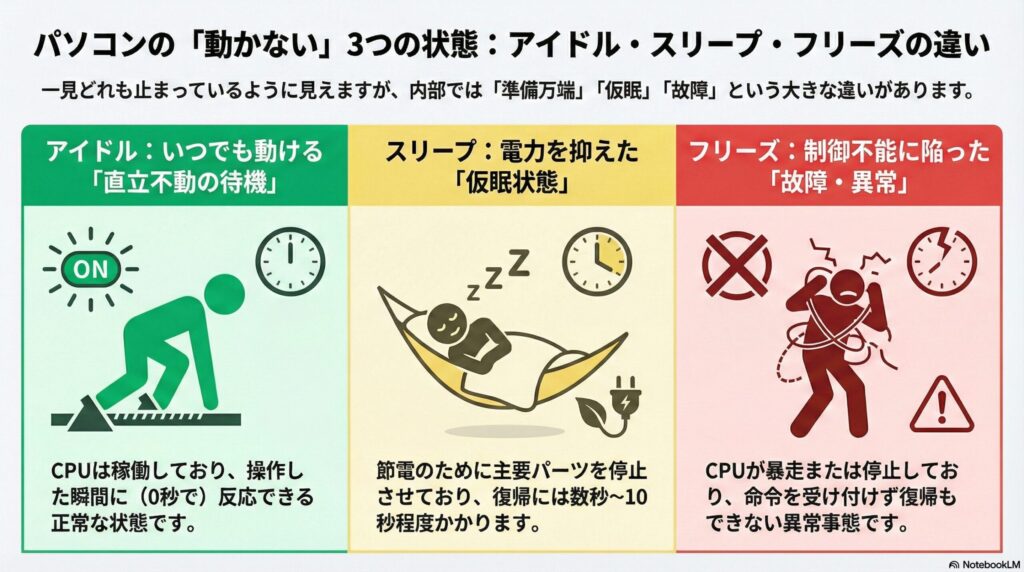 アイドル状態と「スリープ」「フリーズ」の違いの画像