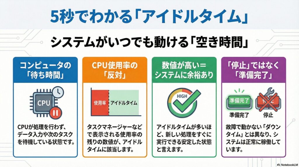 アイドルタイムとはコンピュータやCPUが処理を行わず待機している時間のこと