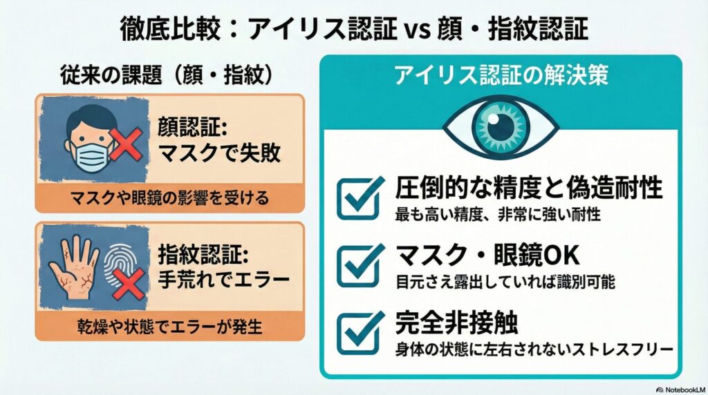 【比較】アイリス認証と顔認証・指紋認証の違いの画像