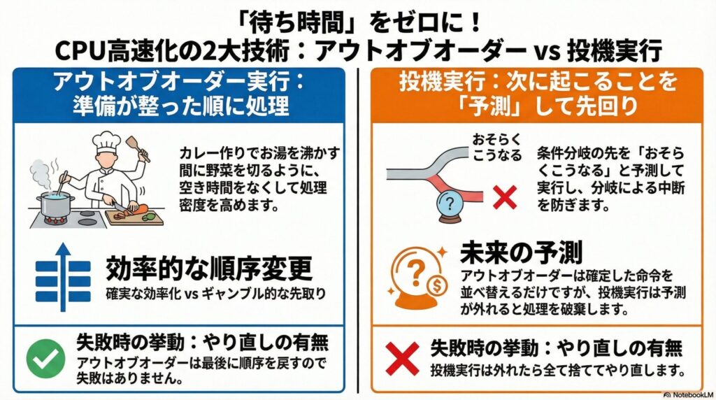 アウトオブオーダー実行と投機実行の違いの画像