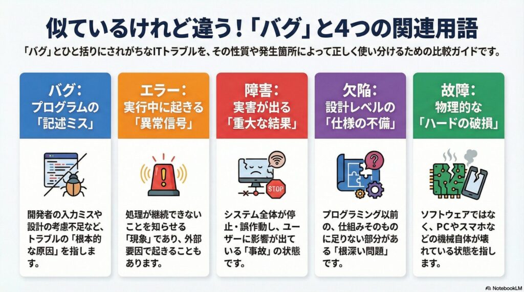 バグと混同しやすい「エラー・障害・欠陥・故障」の違いの画像