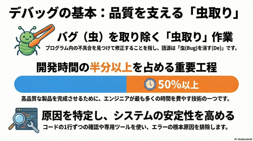 バグを見つけて修正するデバッグの重要性の画像
