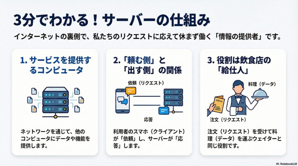 サーバーとは「サービスを提供するコンピュータ」のことの画像