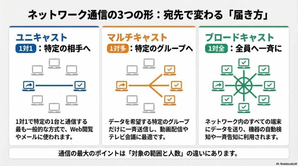 ブロードキャスト・ユニキャスト・マルチキャストの違いの画像