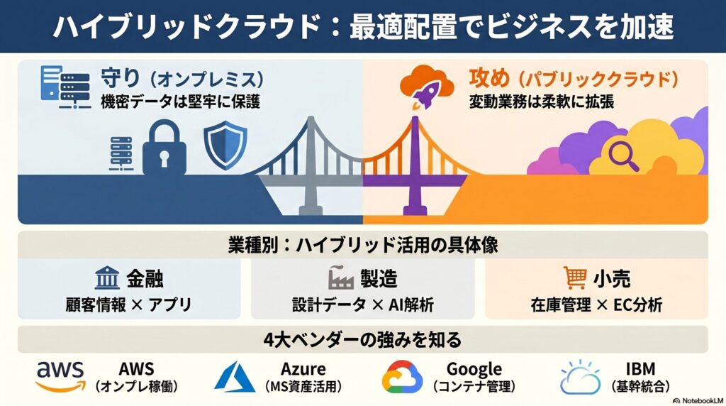 ハイブリッドクラウドの活用事例と代表的なサービスの画像