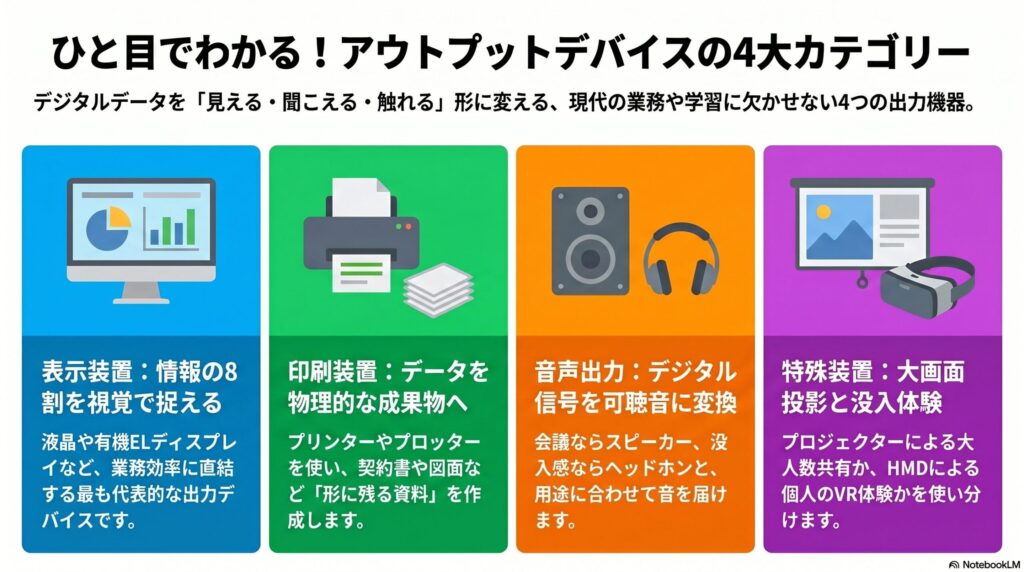 アウトプットデバイスの主な種類と特徴の画像