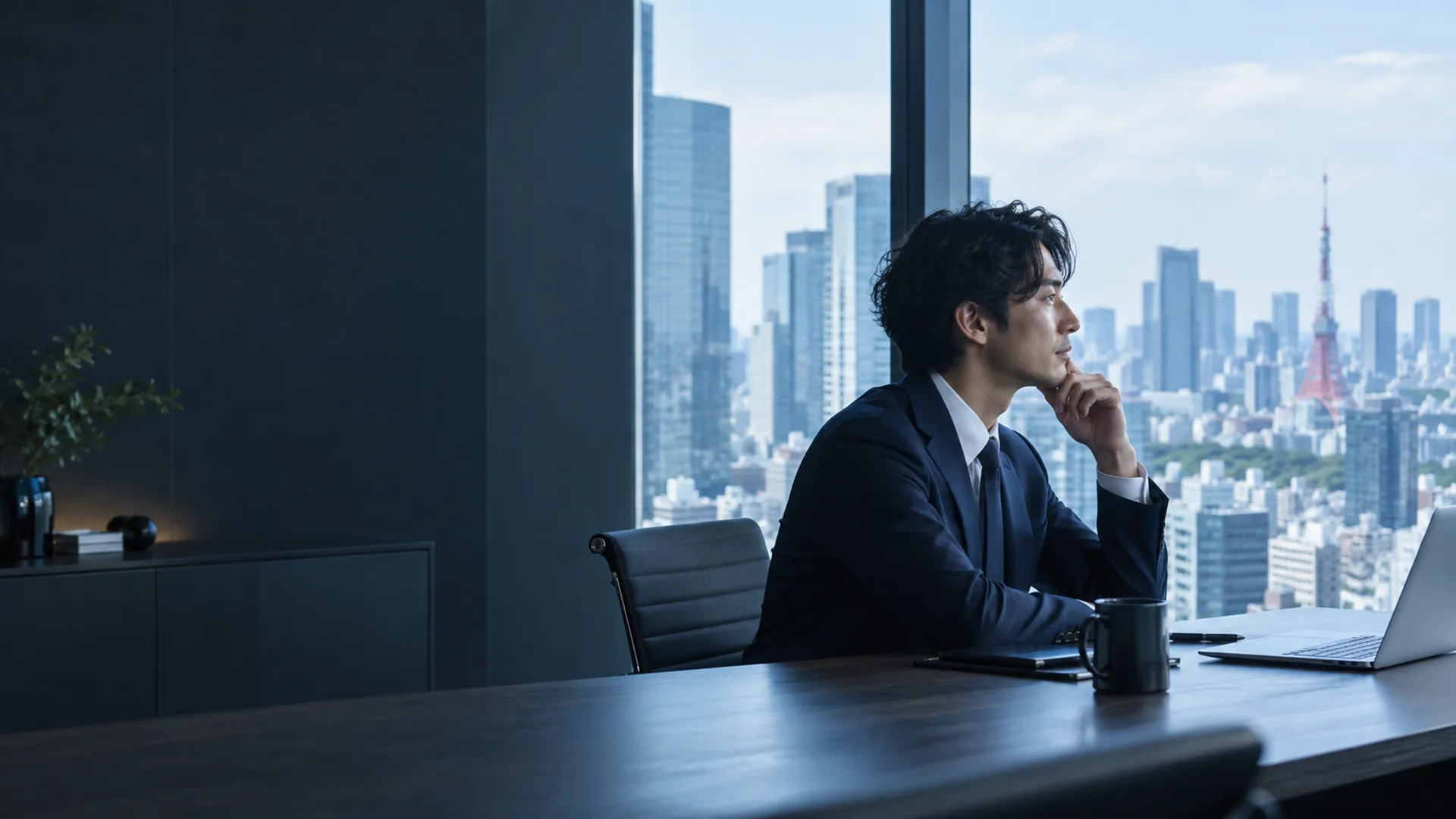 窓際のオフィスで考えるIT担当者のイメージ